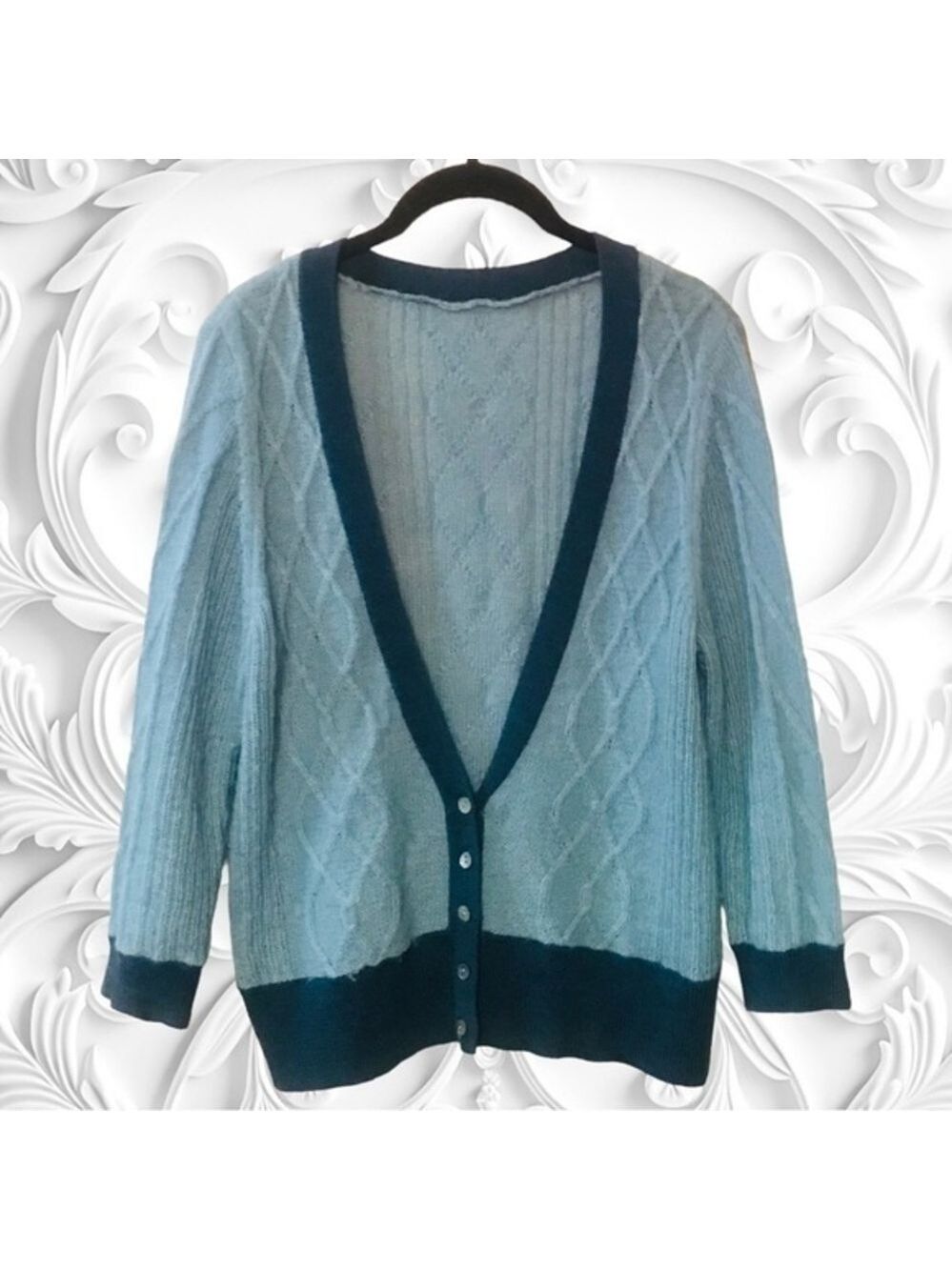 Vintage Mohair/Wool Cardigan With ¾ Length Sleeves In Contrasting Blues
